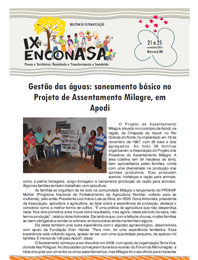 Gestão das águas: saneamento básico no Projeto de Assentamento Milagre, em Apodi